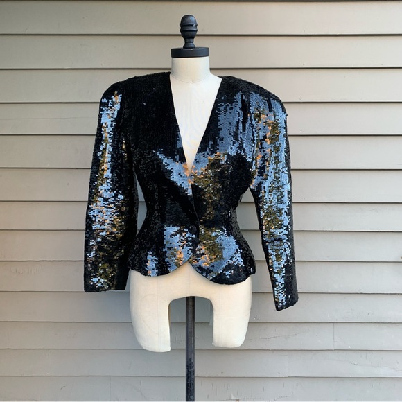 Vintage 80s Black Sequined Silk Peplum Blazer Formal Holiday Jacket Oleg Cassini - Picture 3 of 14